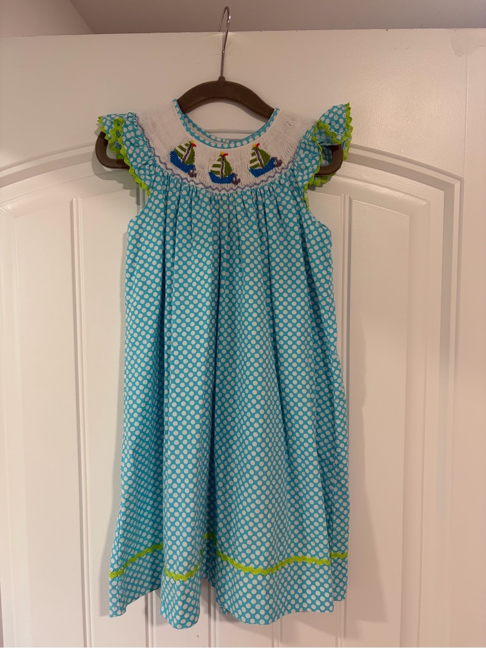 Aqua Polka Dot Smocked Sailboat Dress for Girls